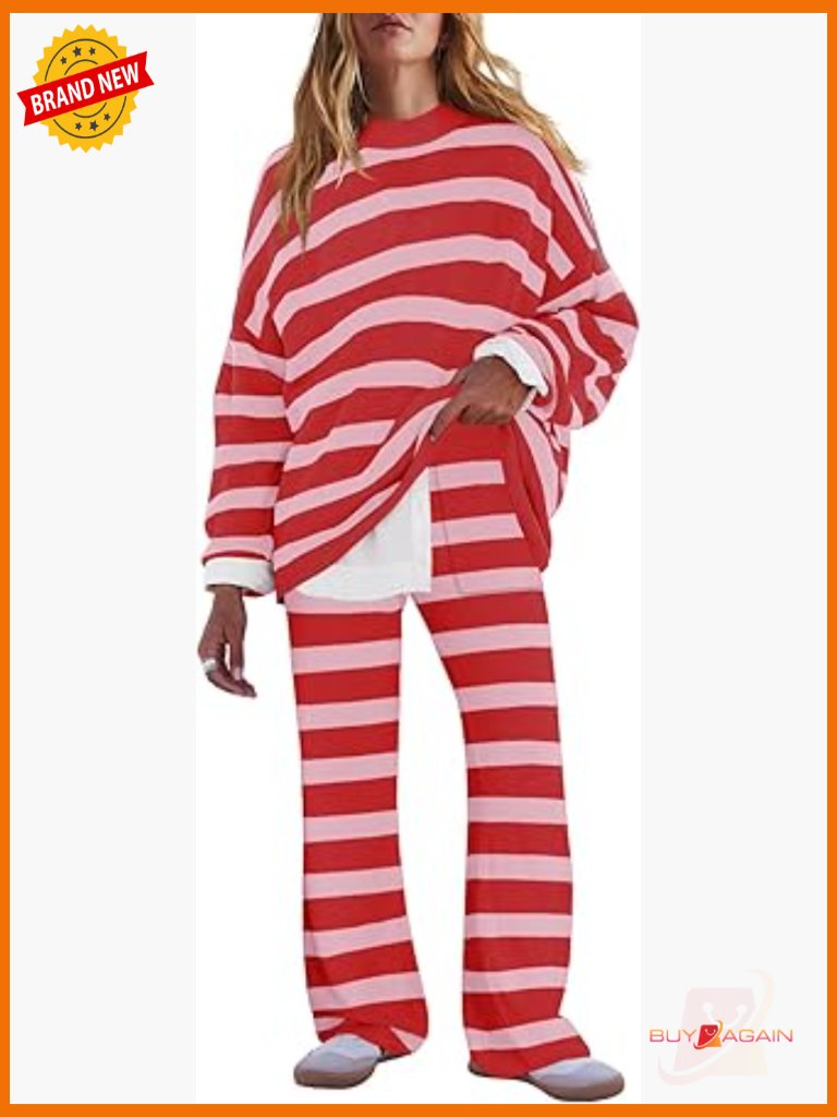 Oversized Striped Sweater Lounge Set With Pockets 2 Piece Pajama Set